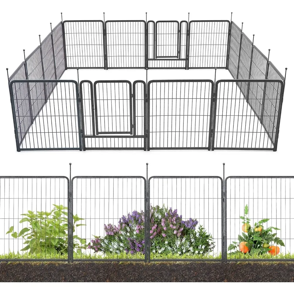 Garden Fence 16 Panels 36ft×40in Decorative Garden Metal Fence with 2 Gates Outdoor Landscape  Pet Fencingfor Patio Yard, Black