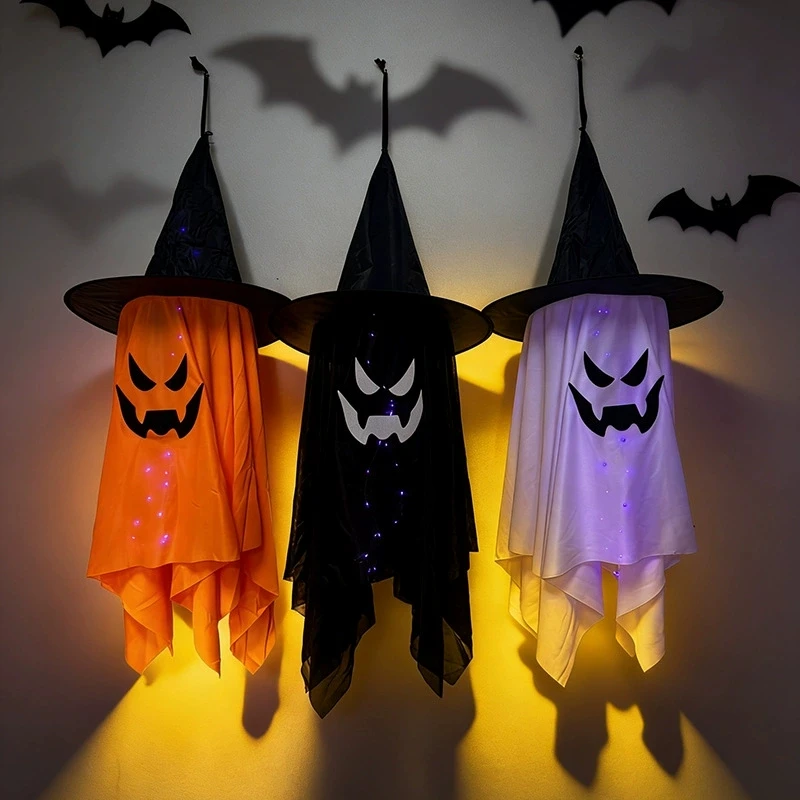 Halloween LED Glowing Witch Hat Ghost Hanging Pendants, Lighted Hanging Ornament, Outdoor Door Decor for Holiday Party Yard Scen