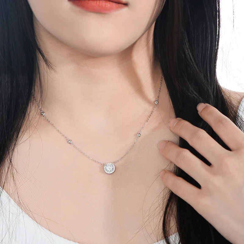 JH 1CT 925 فضة مويسانيتي قلادة للنساء قلادة مستديرة فقاعة قلادة الترقوة سلسلة D VVS1 غرامة مجوهرات #2