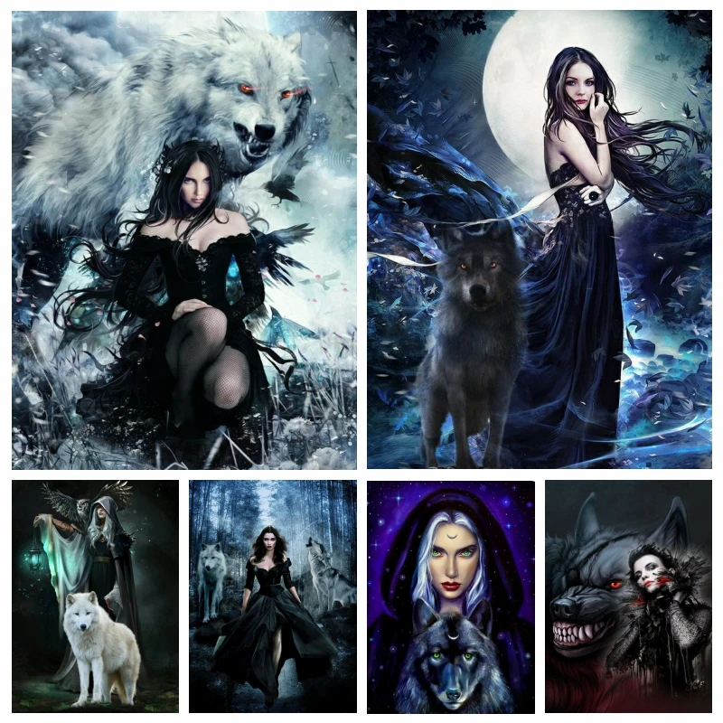 

Fantasy Grey Wolf And Girl Diamond Painting Dark Art Wild Animal Full Square Mosaic Cross Stitch Kits Handwork Gift Home Decor