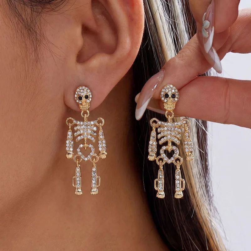 1 Pair Dark Gothic-style Diamond-studded Dazzling Skull Earrings with Extremely Exaggerated and Irregular Skeletal Ear Ornaments