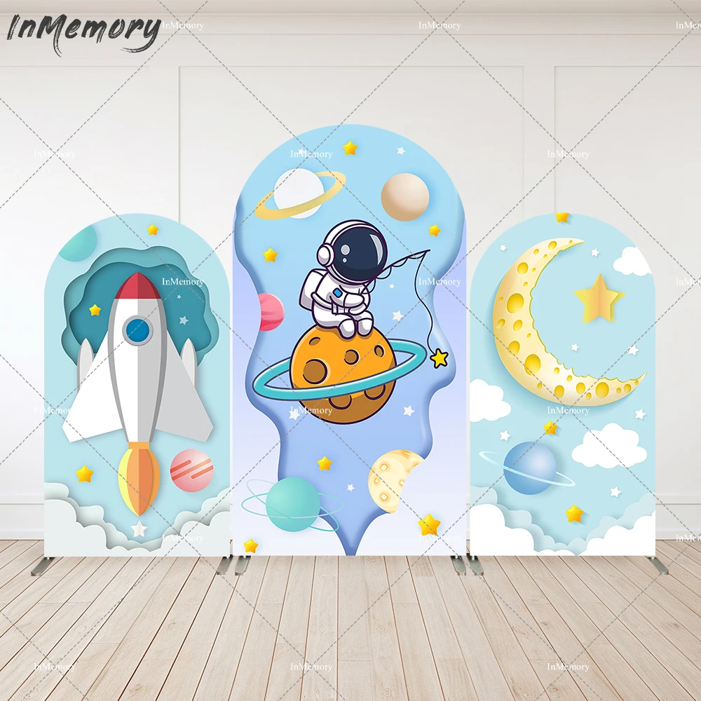 

Outer Space Astronaut Kids Birthday Arched Wall Cover Rockets Clouds Moon Boy Baby Shower Arch Backdrop Background Party Banner