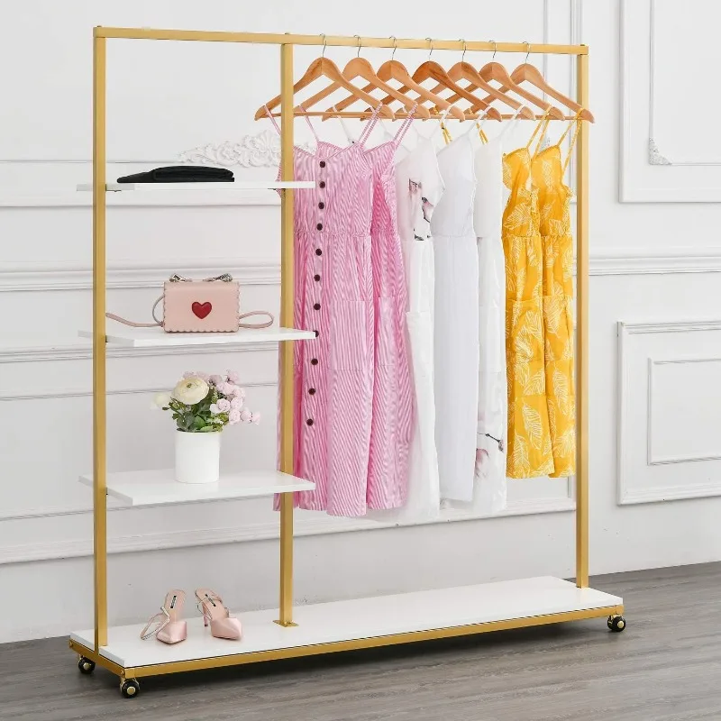 Gold Clothes Racks with 4-Tier Wood Shelves, Modern Freestanding Gold Clothing Racks for Hanging Clothes Display Racks