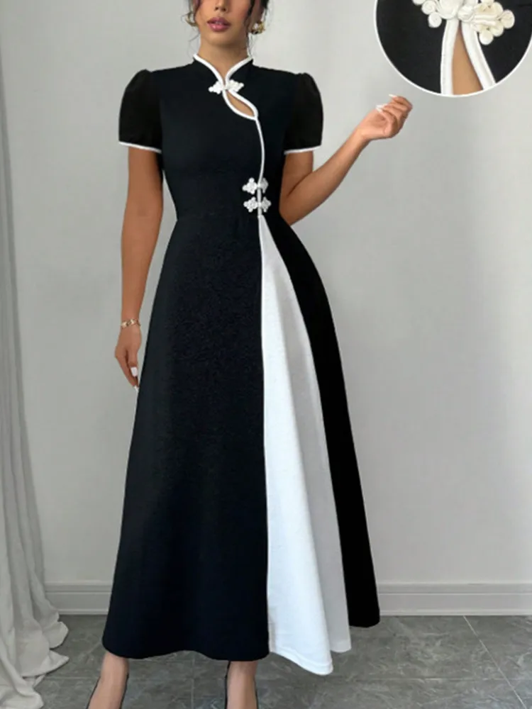 

SKMY Ladies' Elegant Puff Sleeve Contrasting Patchwork Button Dress 2026 Spring New Women Clothing Short Sleeve Long Dresses