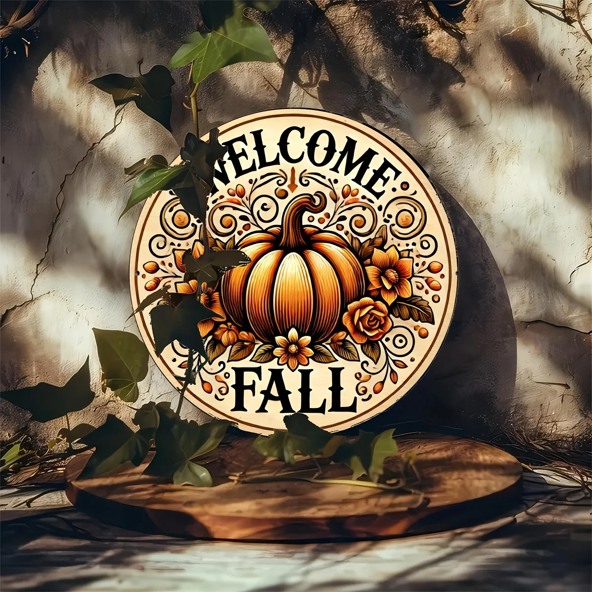 علامة ألومنيوم لإكليل اليقطين المستدير من Welcome Fall - ديكور موسمي مقاس 8 × 8 بوصة للمنزل والحديقة