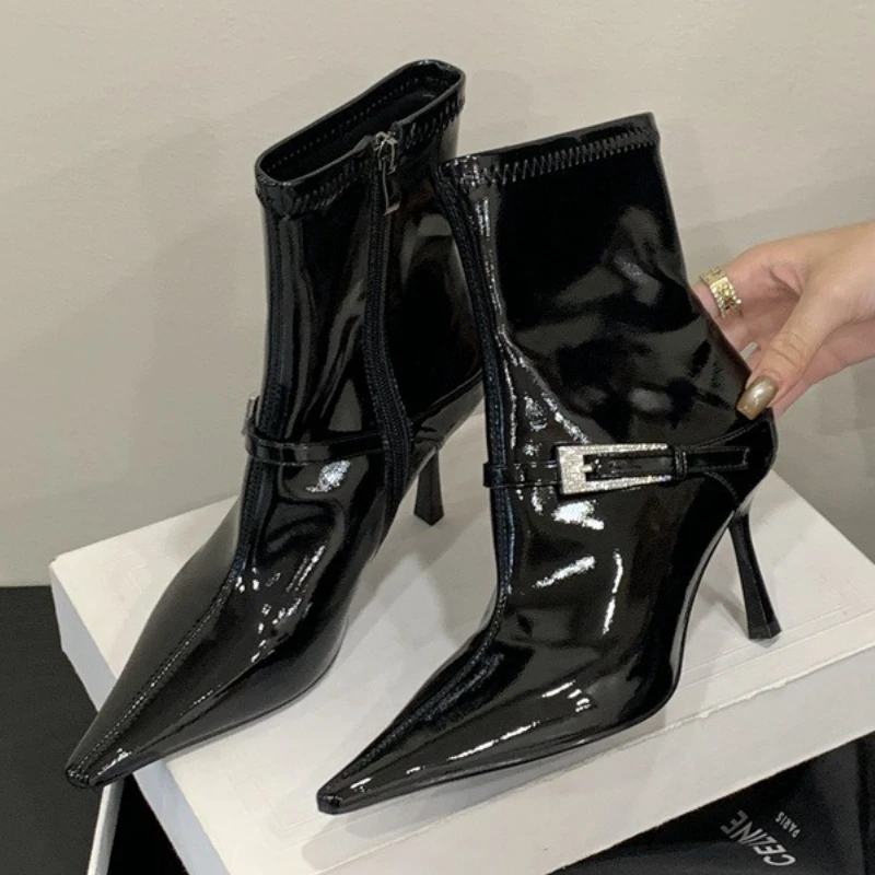 

Winter New Luxury Patent Leather High-heeled Ankle Boots for Women High Quality Fashion Crystal Buckle Pointed Toe Short Boots
