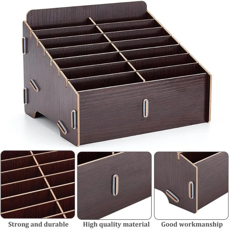14 Compartment Detachable Wooden Mobile Phone Storage Box Coconut Brown Mobile Phone Storage Box Multi-Compartment Organizer