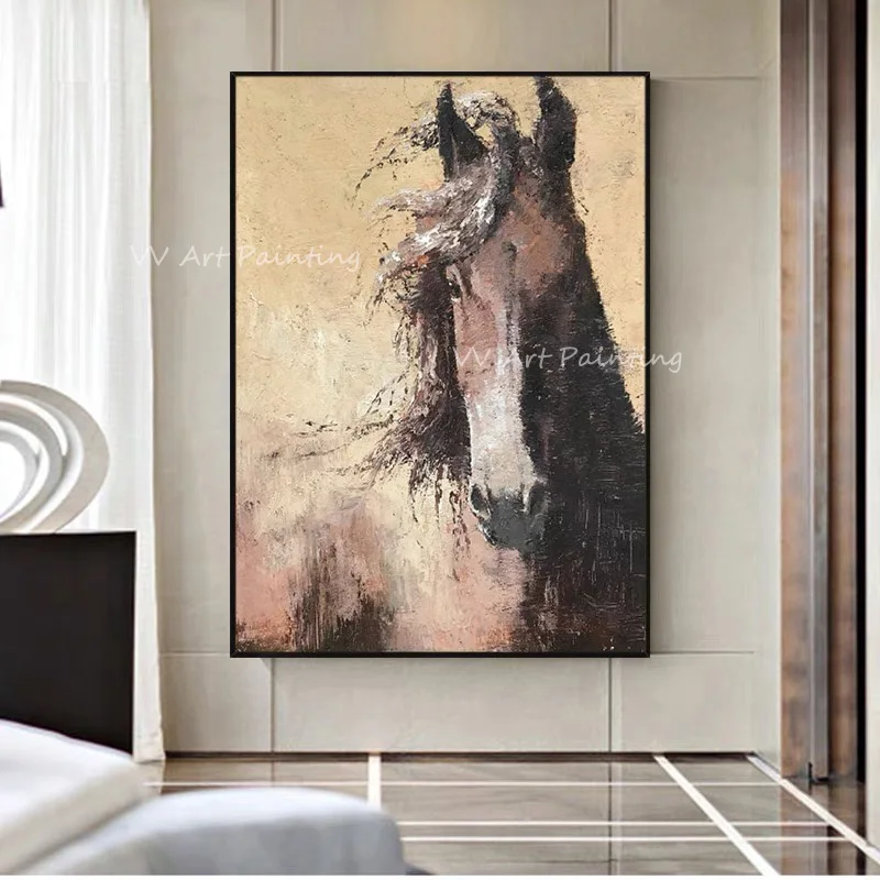 Vertical Handmade Equine Oil Painting, Palette Knife Horse Head Art, Retro Distressed Texture Canvas Wall Decor