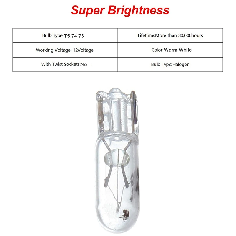 10Pcs T5 17 86 206 286 Halogen Bulb Car Instrument Panel Lamp Auto Wedge Dashboard Lamp 1.2W 12V Light Source Warm White