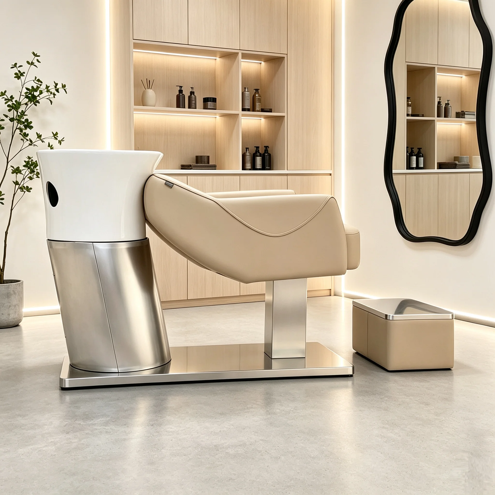 Modern Stainless Steel Shampoo Chair with Ceramic Basin Waterproof PU Leather Recumbent Shampoo Shampoo Bed