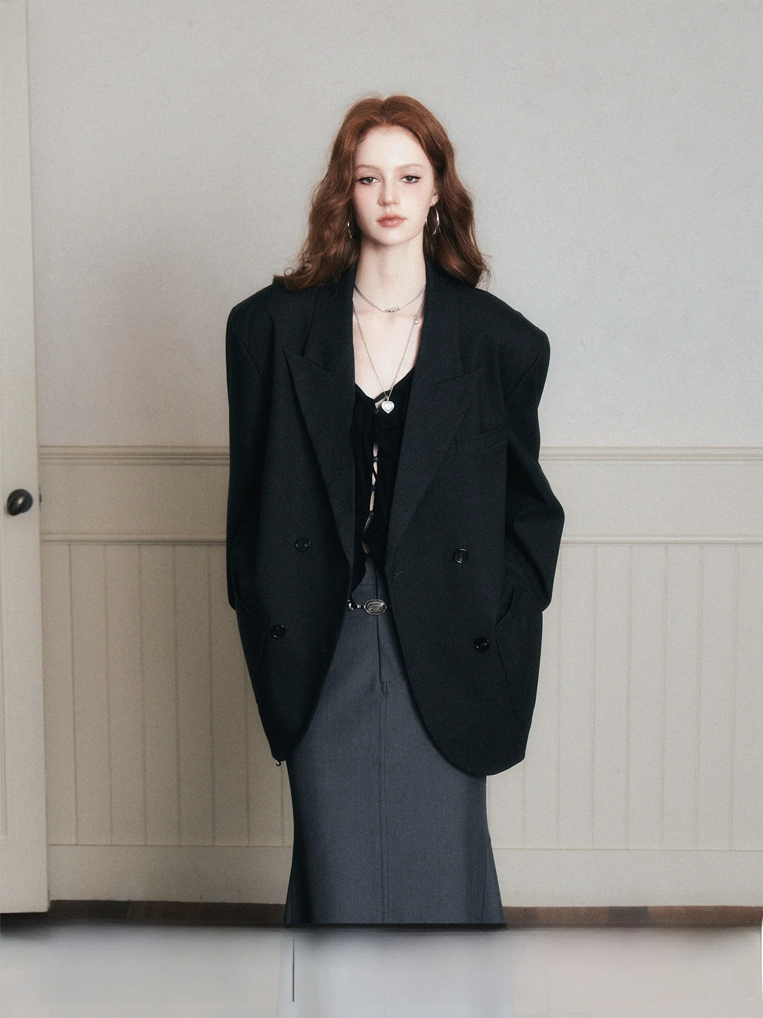 

LULUSWINGS Casual Sle Double Breasted Gunip Collar 3D oulder Wide Women's Suit Jaet Faionable Loose Fit Polyester