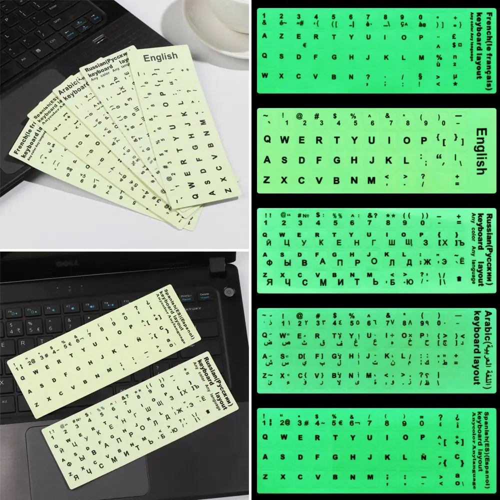 Arabic Multiple Language English Deutsch Spanish Luminous Keyboard Stickers Alphabet Layout Protective Film