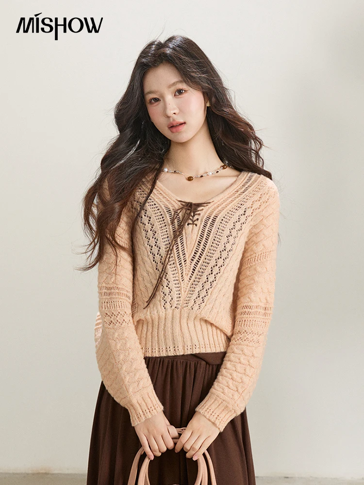 

MISHOW Women's Lace Up V Neck Cable Knit Two Piece Tops with Camisole 2026 Spring Hollow Out Casual Solid Sweater MXF108T0748
