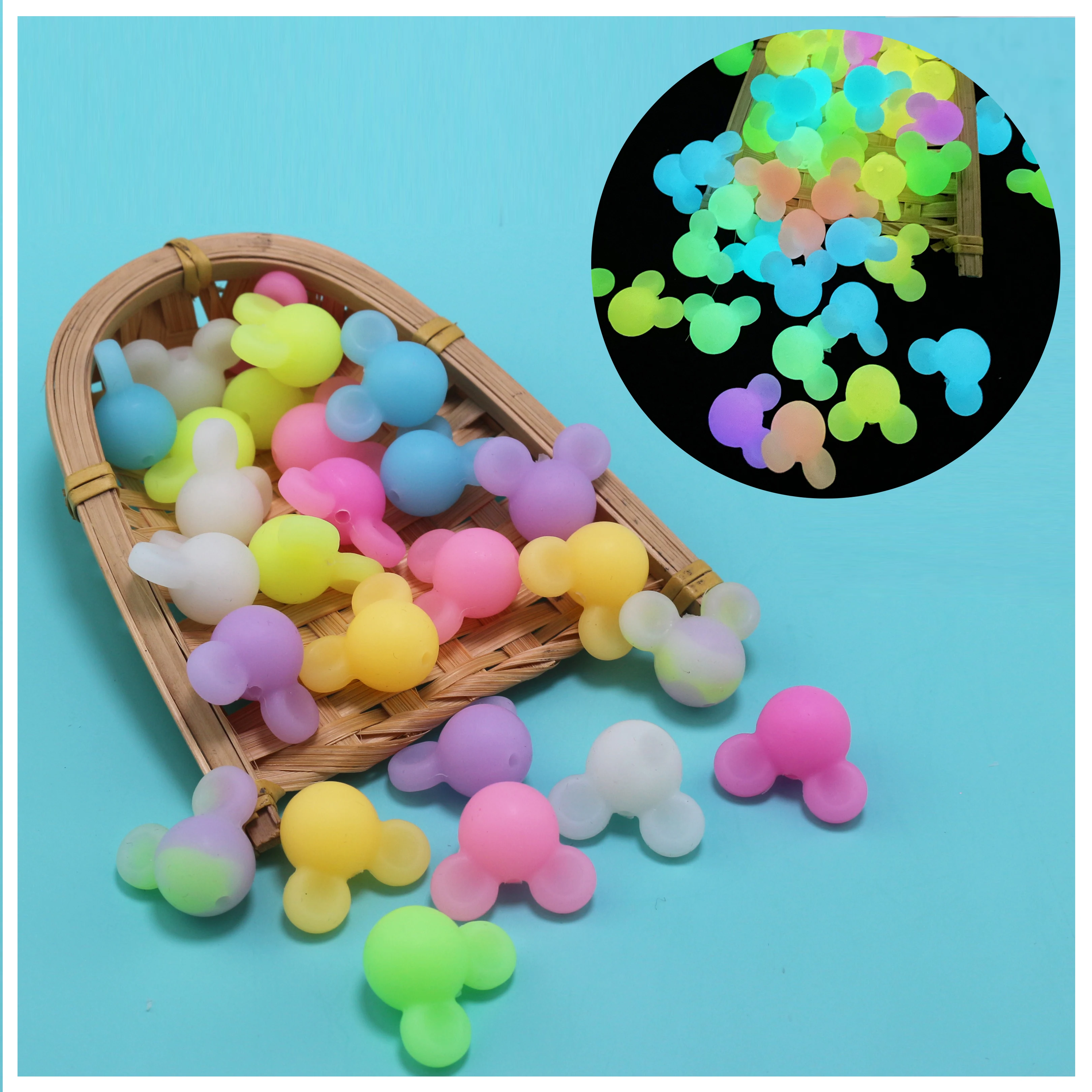 20 pçs brilho no escuro mouse contas de silicone arco-íris dos desenhos animados contas luminosas grau alimentício enfermagem mastigar animais contas de silicone