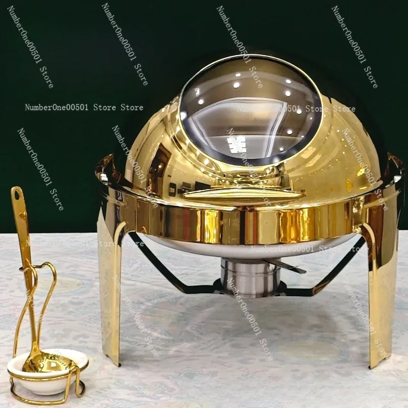 

Stainless Steel Round Buffet Furnace Golden Visible Food Warmer Hotel Catering Thermal Insulation Serving Dish