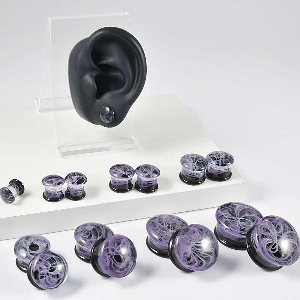 1Pair Purpe Glass Smoky Double Flare Flashback Ear Plug Tunnel Gauge For Men Women Ear Stretching Expander Piercing Body Jewelry