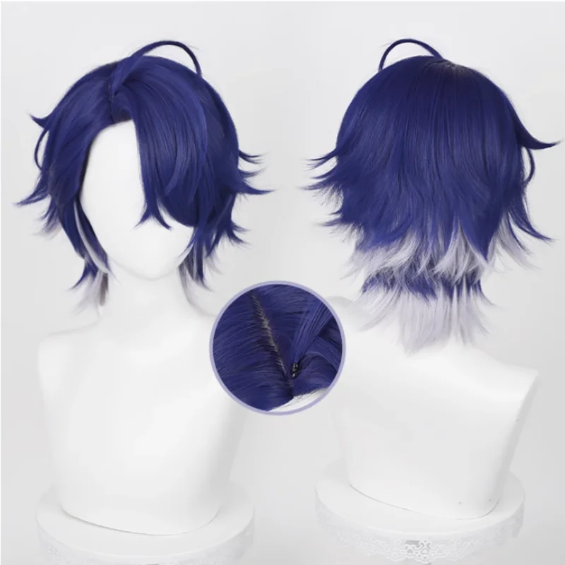 Peluca de Cosplay de Game Honkai: Star Rail Sampo Koski, azul oscuro, pelo corto plateado mezclado, resistente al calor, sintético, accesorios para fiestas de Halloween