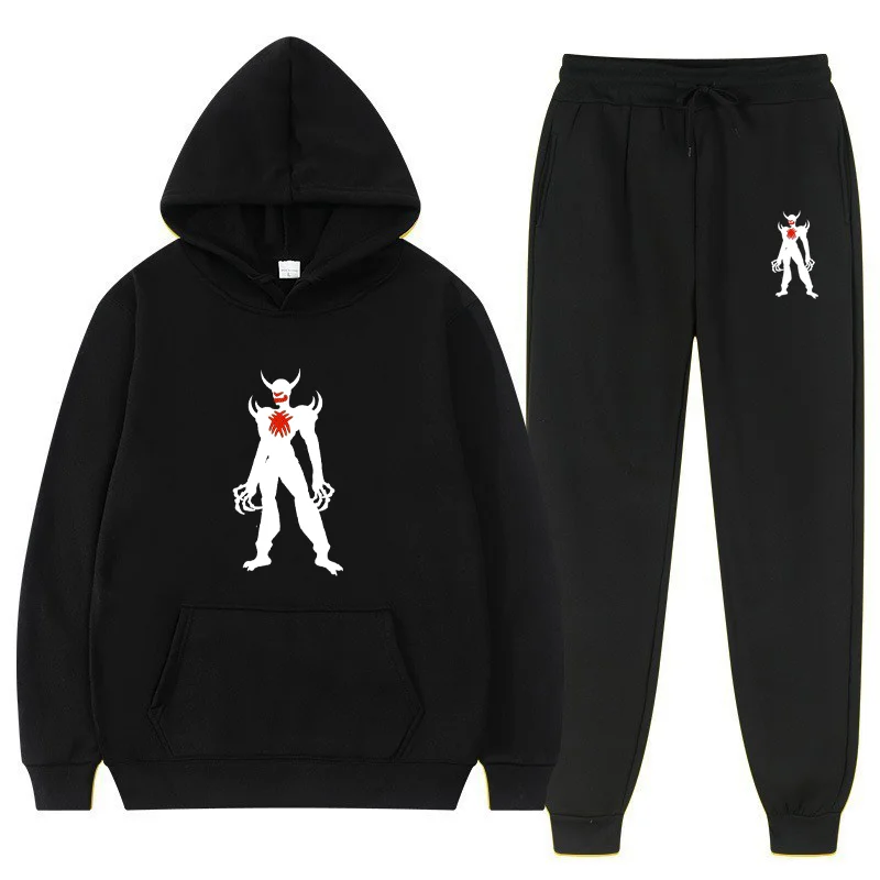 Men's Hoodie 2-Pieces Set Anime Demon Print Autumn Tracksuit Hoodie + Pants Fleece Warm Sportwear Homme Streetwear Suit Clothing