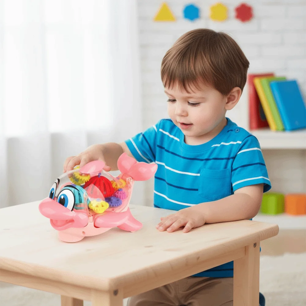 LED 라이트 업 돌고래 장난감 라이트 뮤직 플렉시블 메카니컬 기어 해양 생물 장난감 조기 교육용 무브먼트