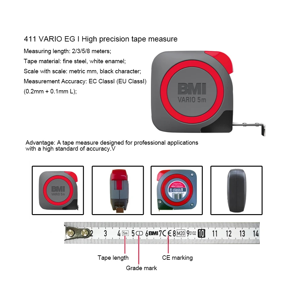 Germany BMI Precision Measuring Tape  EC Class Ⅱ 2M/3M/5M/8M Woodworking Anti-fall Measure Tool 411 Series