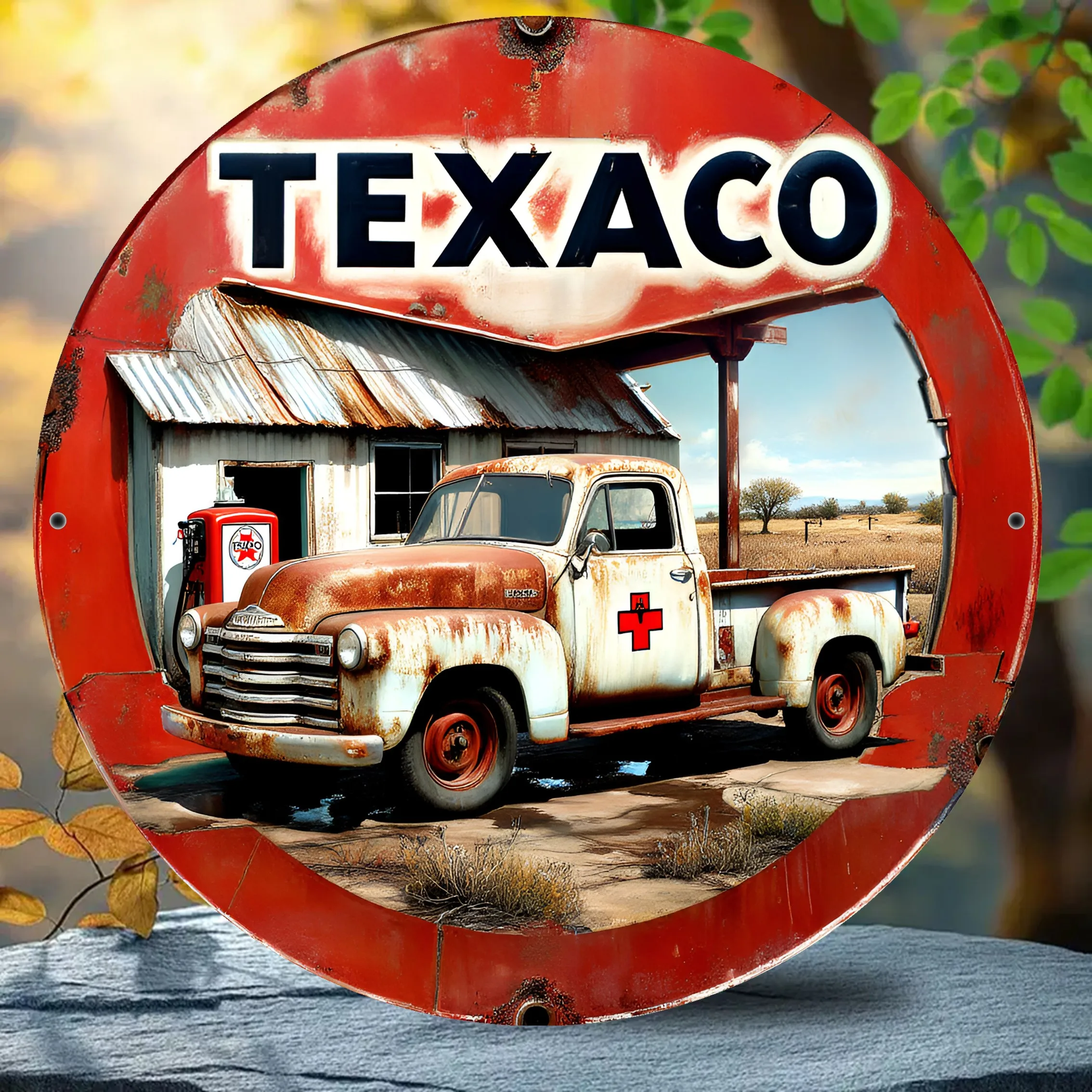 HD Tin Sign, Texaco Vintage Pickup Truck Round Metal Wall Art, Retro Gas Station Garage Decor