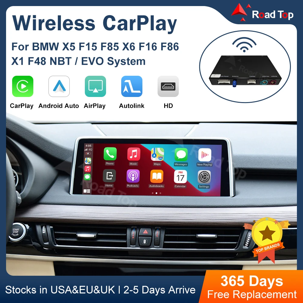 Road Top Wireless CarPlay Android Auto for BMW NBT EVO X5 F15 X6 F16 2014-2020 X1 F48 2016-2020 with Car Play Functions Airplay