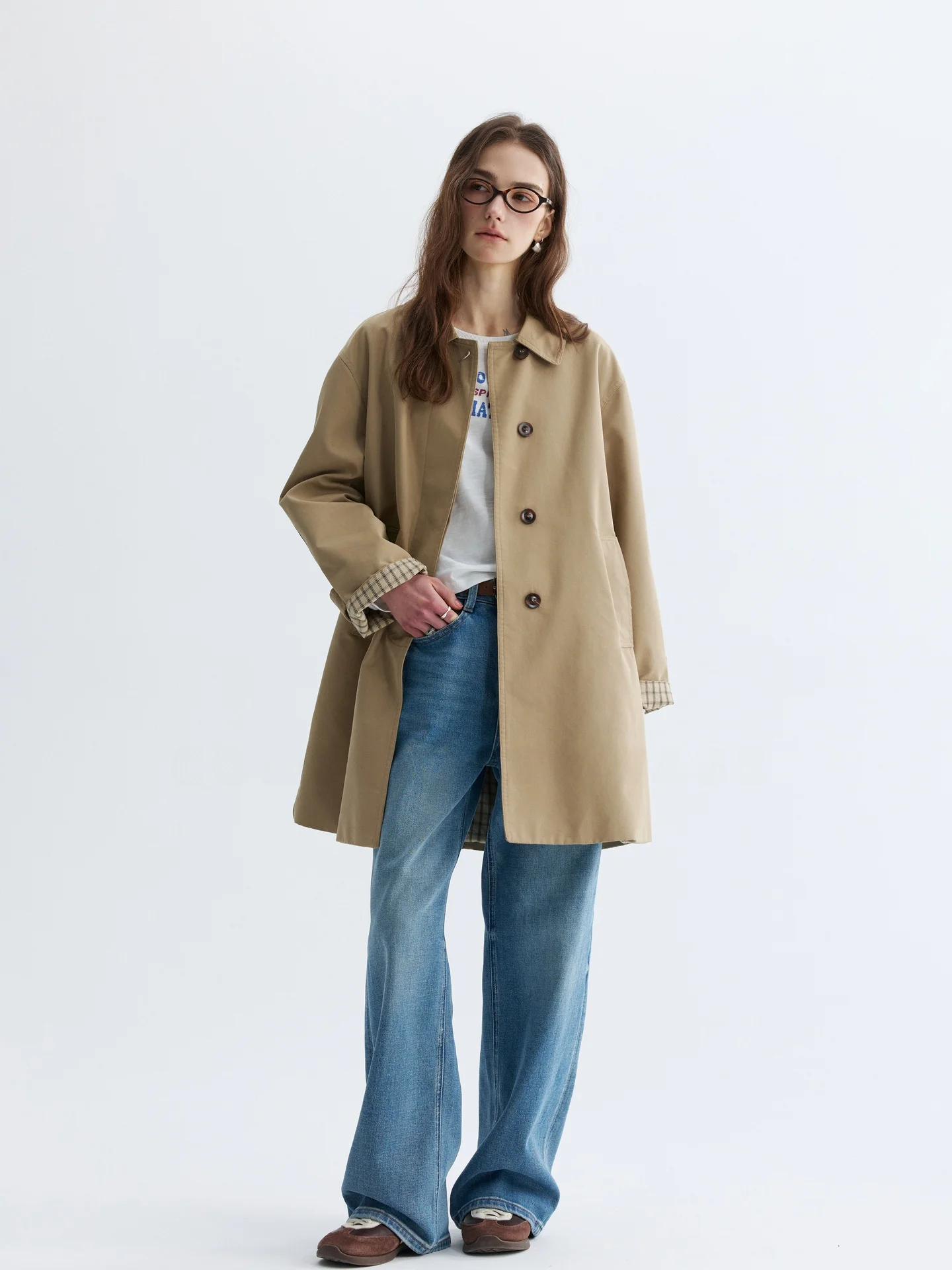 

Khaki Color VAJE Women's Long Coat Casual Sle Faionable Spring New Arrival Medium Length Cotton Blend Collar Button up
