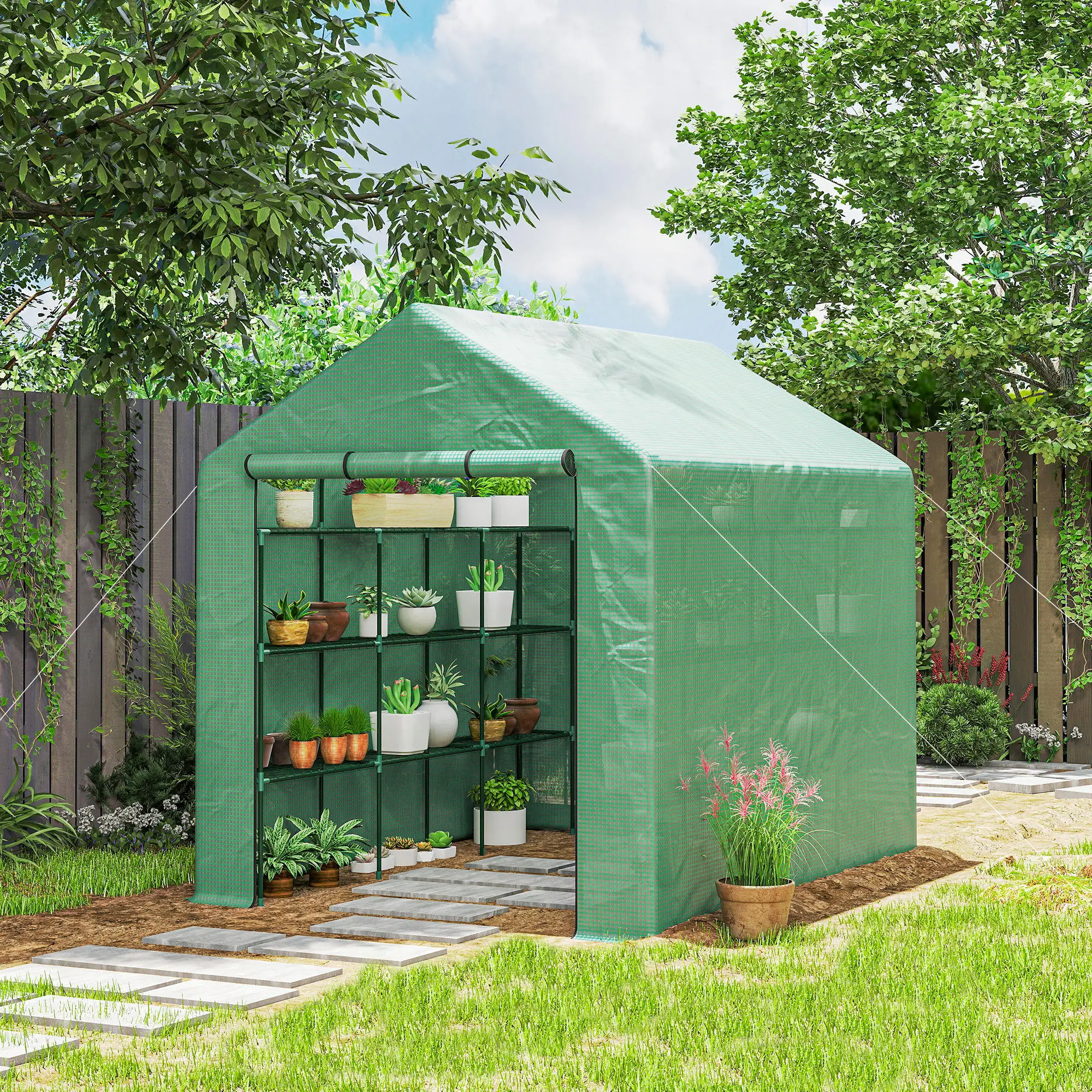 Outdoor Walk-in Greenhouse with Roll-up Zipper Door, 18 Shelves, PE Cover, 95.25