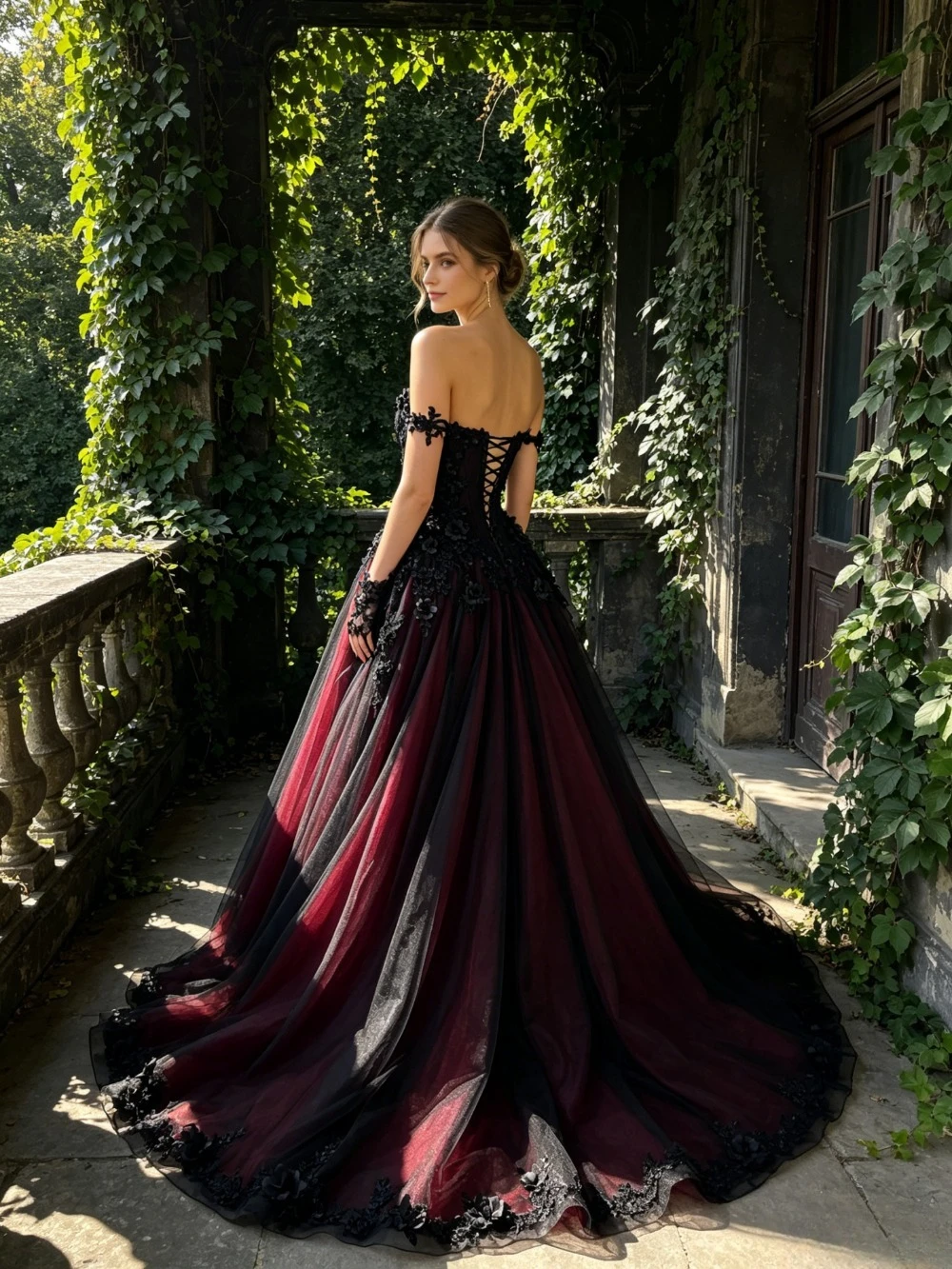 Customized Off Shoulder Burgundy Chiffon Wedding Dresses 2026 Gothic Lace Sleeveless Suspender Decal Bridal Gown Lace Up Back
