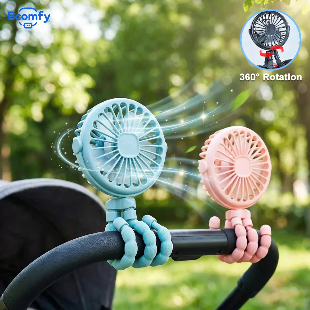 Portable Baby Stroller Fan Oscillating Clip-on Mini Octopus Fan 360° Rotate Flexible Tripod Cooling Fan for Pram Car Seat
