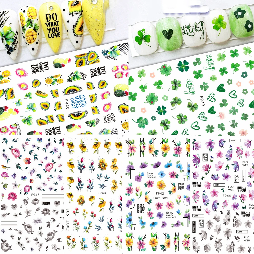 

1PCS Summer New Nail Stickers Colorful Flowers Leaves Stickers Nail Art Decoration Clover Sunflower 3D Sticker Nail Art Supplies