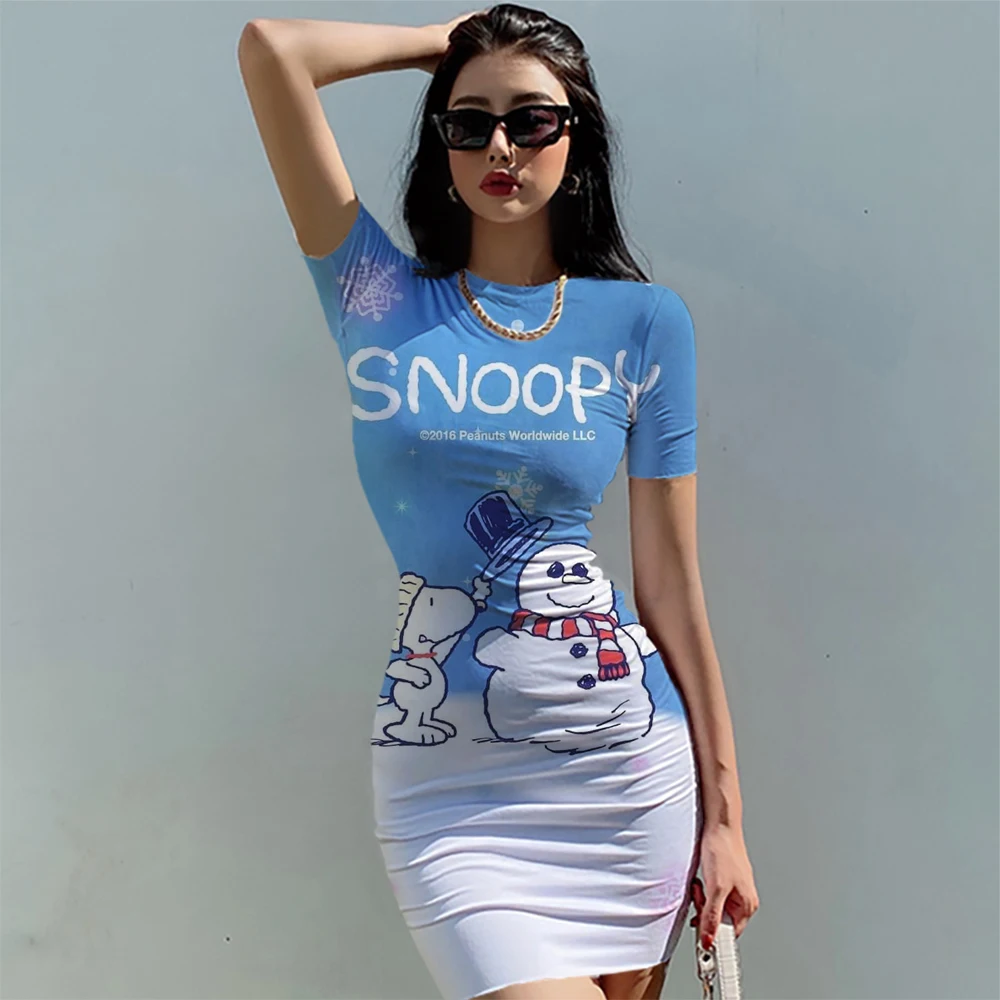 

Women's Pleated Mini Skirt A Tight and Sexy Dress with Round Neck and Tight Waist Snoopy Black Cartoon Pattern Cute Summer