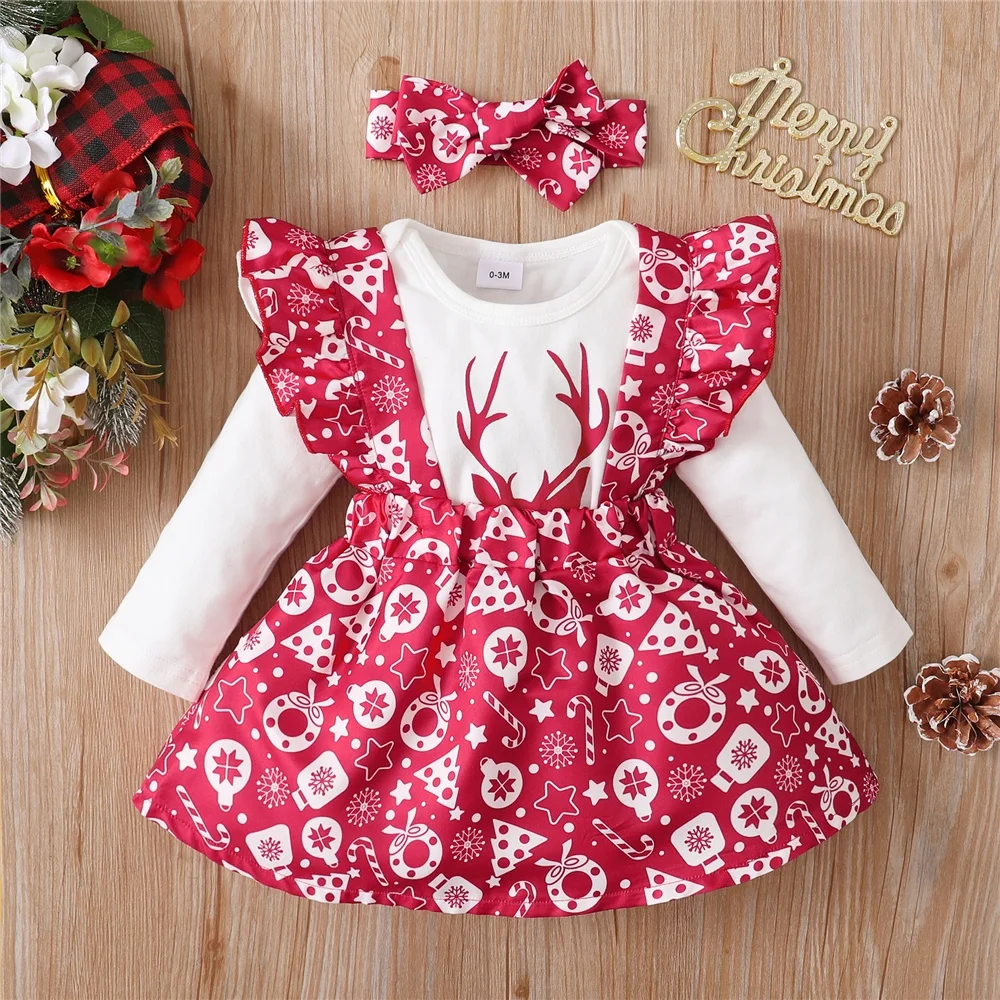 0-18Months Newborn Baby Girl Christmas Costume Set Romper+Suspender Skirt+Headwear 3PCS Skirt Set for Toddler Girl New Year Wear