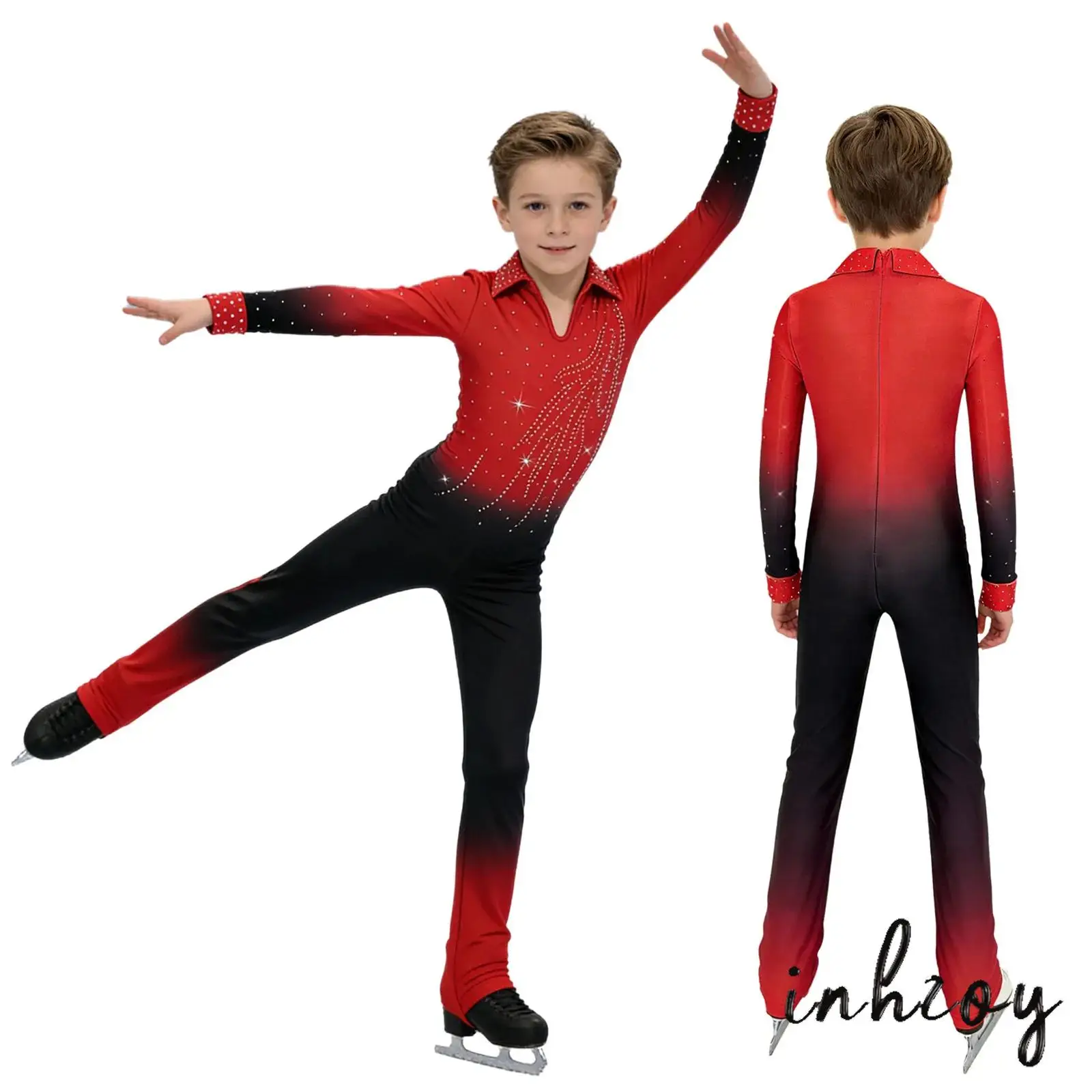 Kids Boys Girls Ice Skating Costume Rhinestone Sparkly Long Sleeve Long Pants Full Body Gradient Color Ballet Jumpsuit Bodysuit