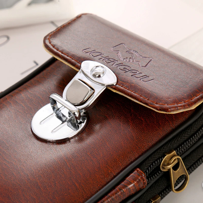 Riñonera de cuero Vintage para hombre, bolso de cintura con cremallera, bolso con Clip para cinturón, bolso de mano para teléfono