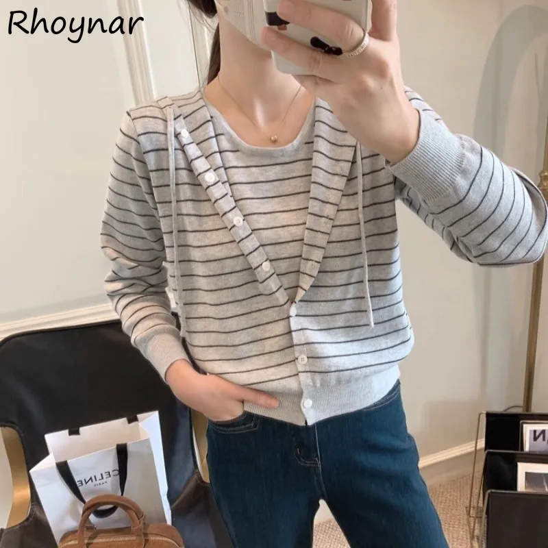 

Pullovers Women Striped Patchwork Hooded Single Breasted Knitted Tender Sweater All-match Casual Ulzzang Temperament Elegant Ins