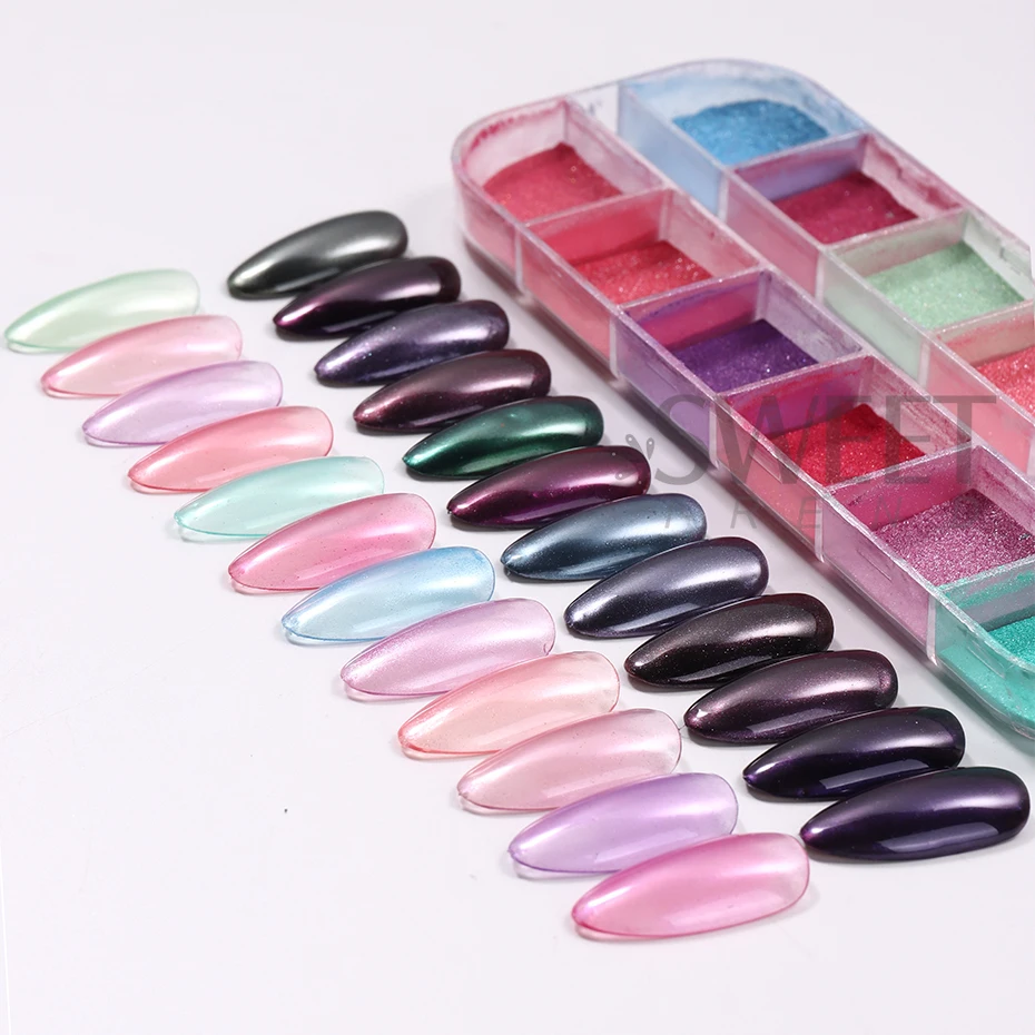 12 شبكة مرآة ملونة الأظافر بريق مسحوق النيون تأثير الكروم الصباغ أورورا فرك الغبار بصيص مانيكير اكسسوارات الديكور فلاش