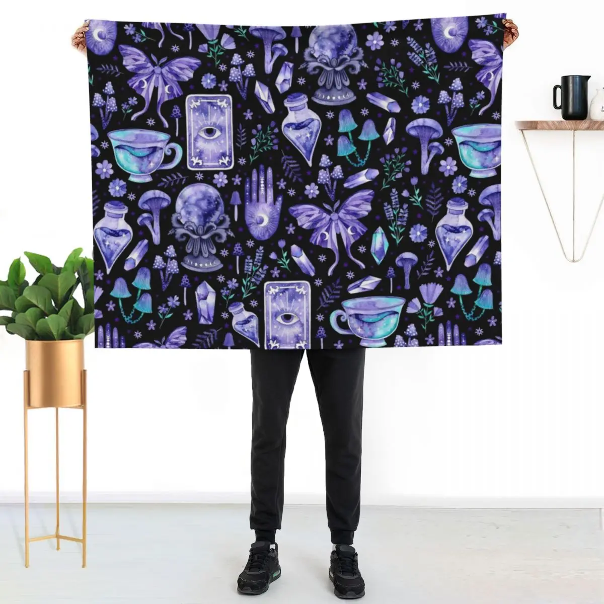 Purple Eclectic Witch on Black Throw Blanket couch cozy soft plush fuzzy picnic outdoor blanket