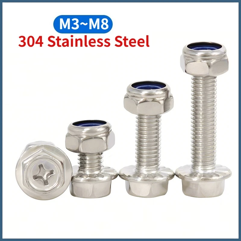 M3 M4 M5 M6 M8 304 Stainless Steel Phillps Hexagon Flange Head Screws Bolts and Nylon Insert Hex Lock Nuts Combination Set