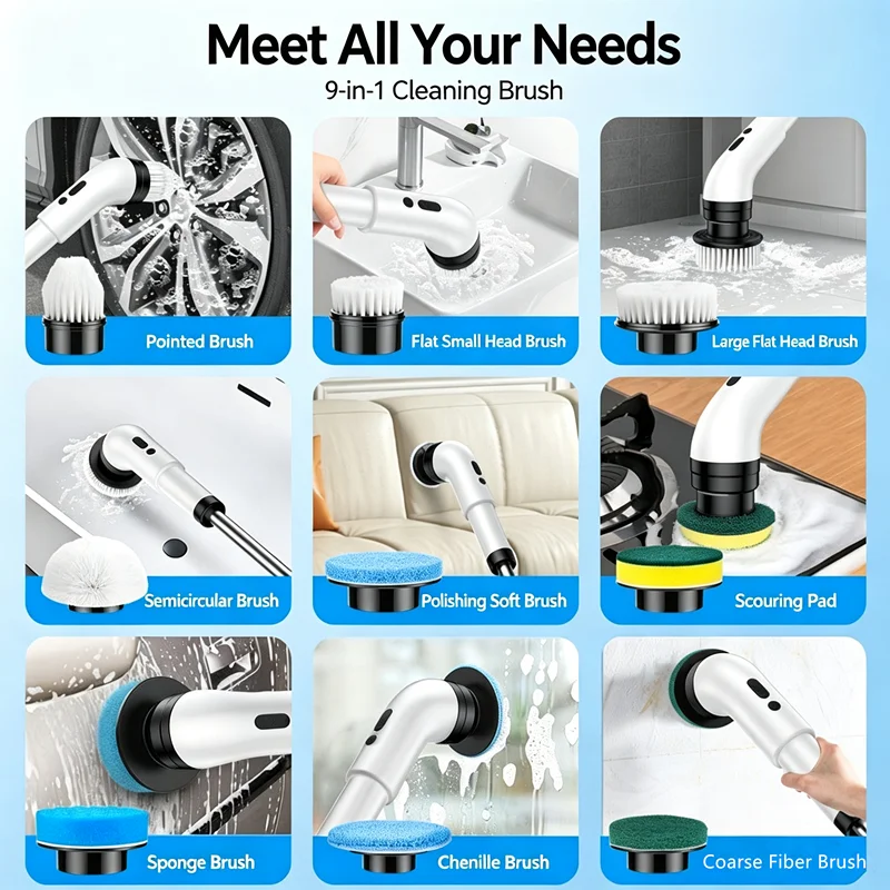 Electric Rotating Cleaning Brush, Cordless Ipx6 Waterproof, 9 Replaceable Heads, Dual Speed, Long Handle for Floor, Bathtub, Til