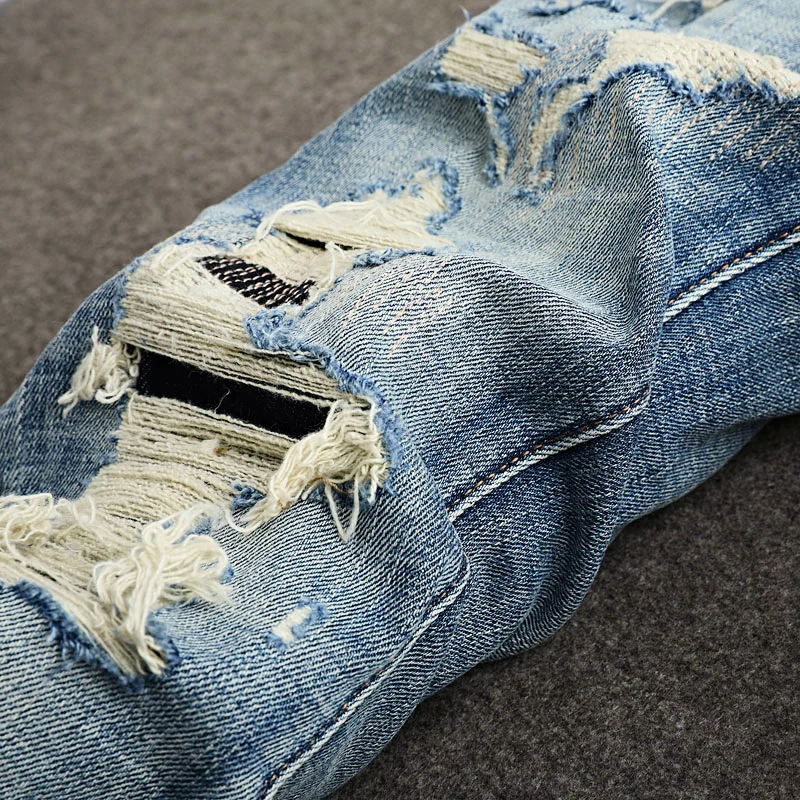 Street Designer Fashion Men Jeans High Quality Retro Blue Stretch Slim Fit Hole Patched Ripped Jeans Men Y2K Vintage Denim Pants