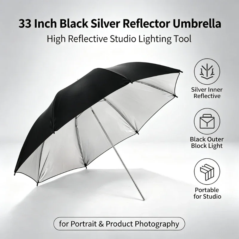 2026 Black Durable 33-inch Reflective Umbrella 83CM Photography Black Silver Umbrella Soft Light Photography Accessory