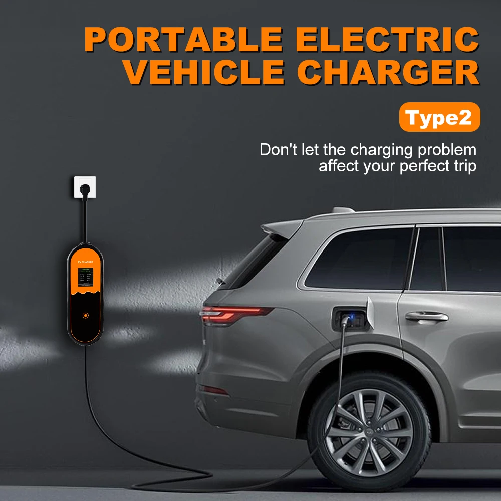 Portable 16A Type2 EV Charger 3.5KW 1Phase EU Plug EVSE Touch Button Current Adjustable Electric Car Charging Accessories