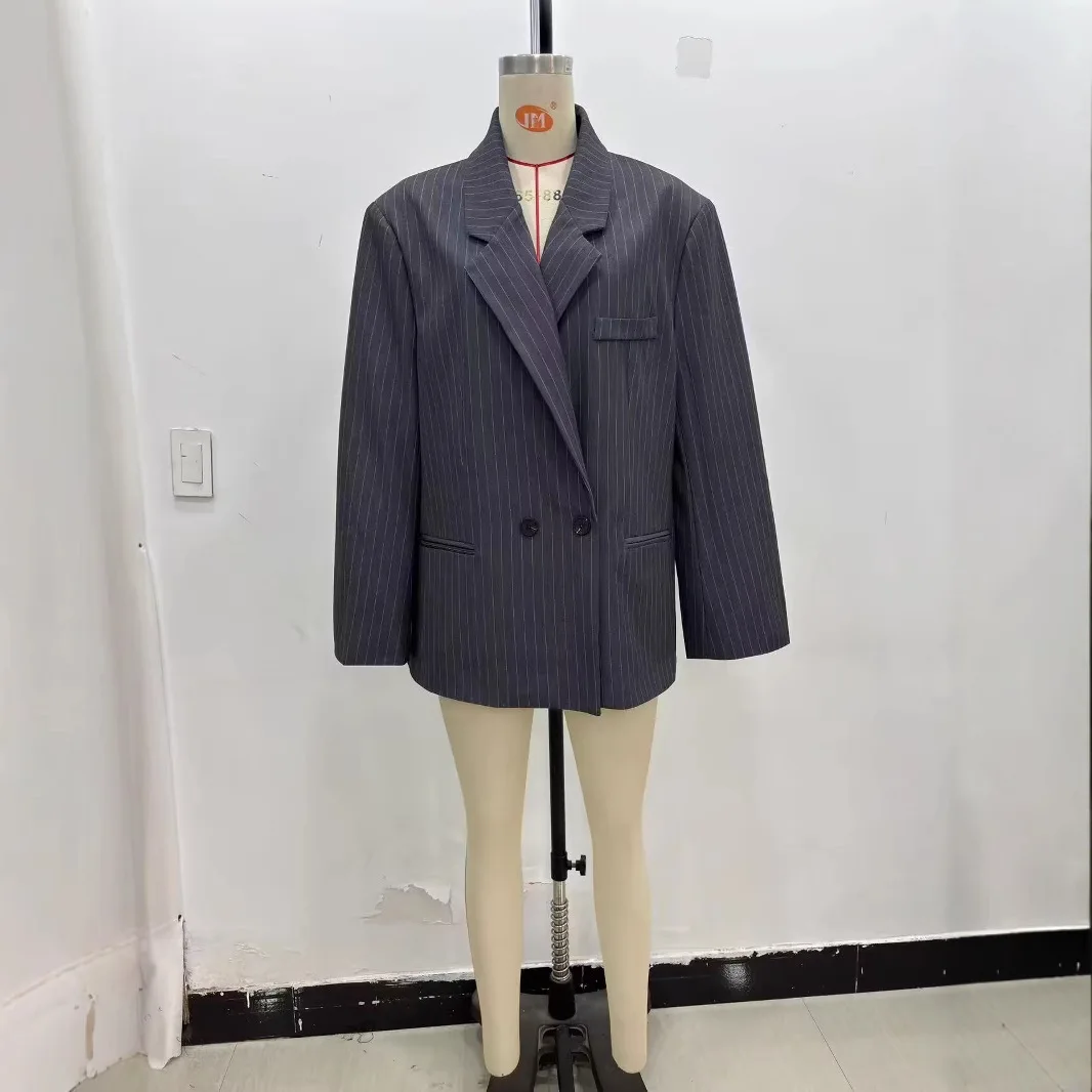 

Женская верхняя одежда в полоску, двубортная, в европейском стиле, универсальная, модная, 5247719