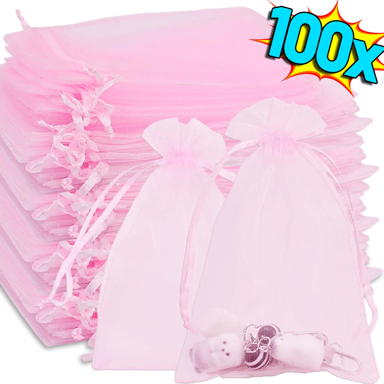 Pink Mesh Organza Drawstring Bags for Jewelry Gift Packaging Small Pouches Earring Wedding Party Favor Candy Storage Bags Decor