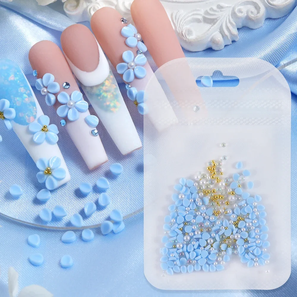 150pcs Blue Carving Petals Flower Nail Charms Decoration Accessories Nail Parts Supplies for DIY Women's Nail Art Design