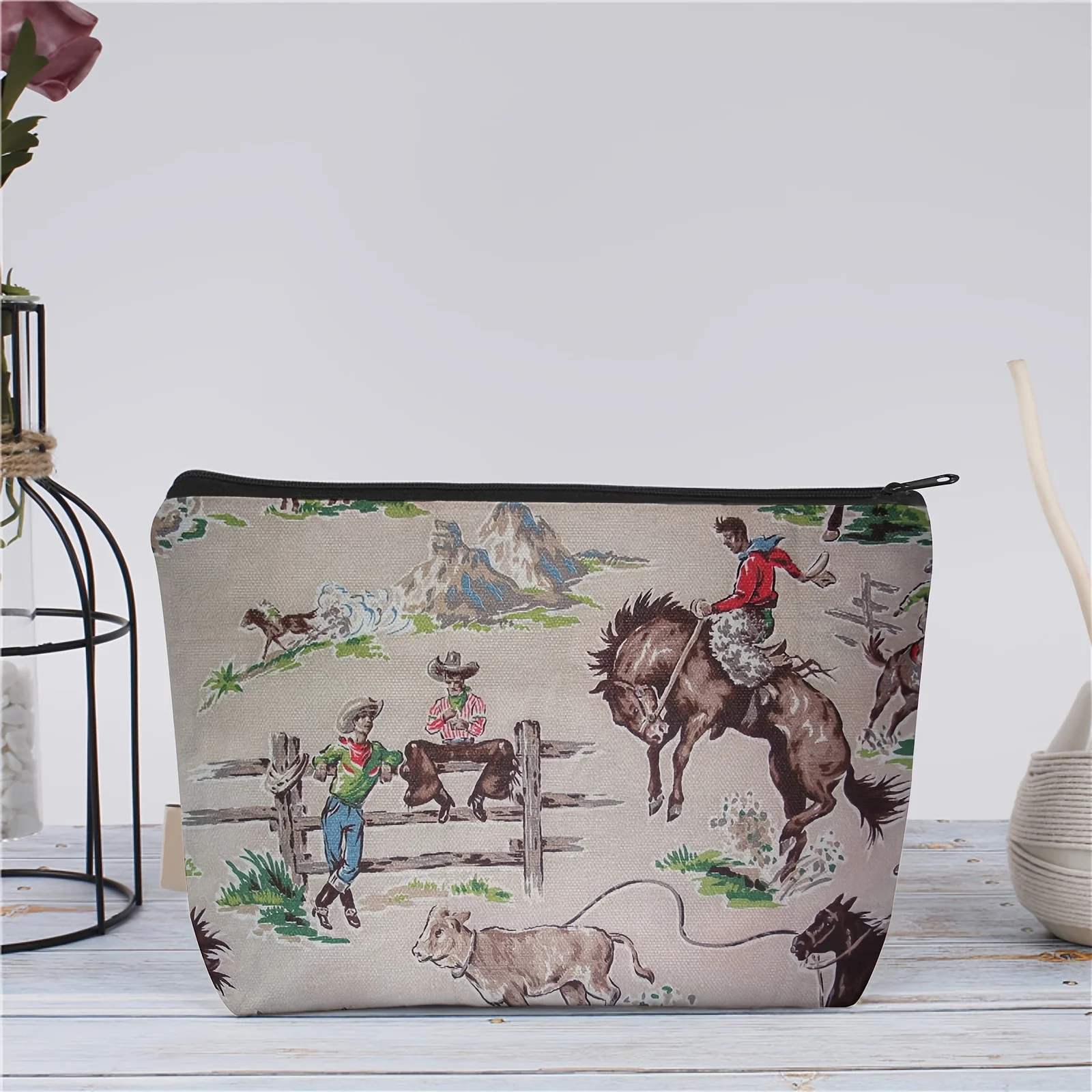 حقيبة إكسسوار كلاسيكية من رعاة البقر الغربي الأمريكي ذات قاع مسطح بسحاب - حقيبة مضادة للحساسية للجنسين مع تصميم مشهد مزرعة قديم