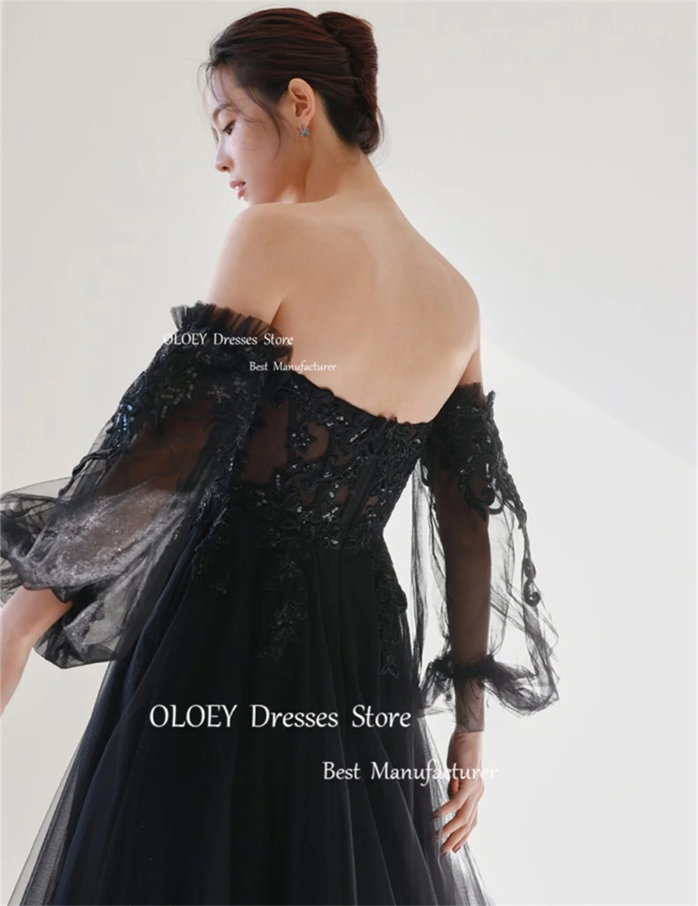 OLOEY Exquisite Black Appliques abito da sposa coreano con maniche staccabili abito da sposa Sweetheart lunghezza del pavimento Zip Back A Line