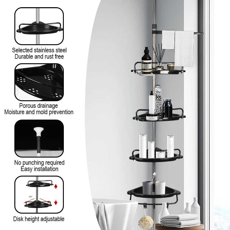 Support de douche télescopique réglable, support de rangement de salle de bain du sol au plafond en acier inoxydable, organisateur antirouille et peu encombrant