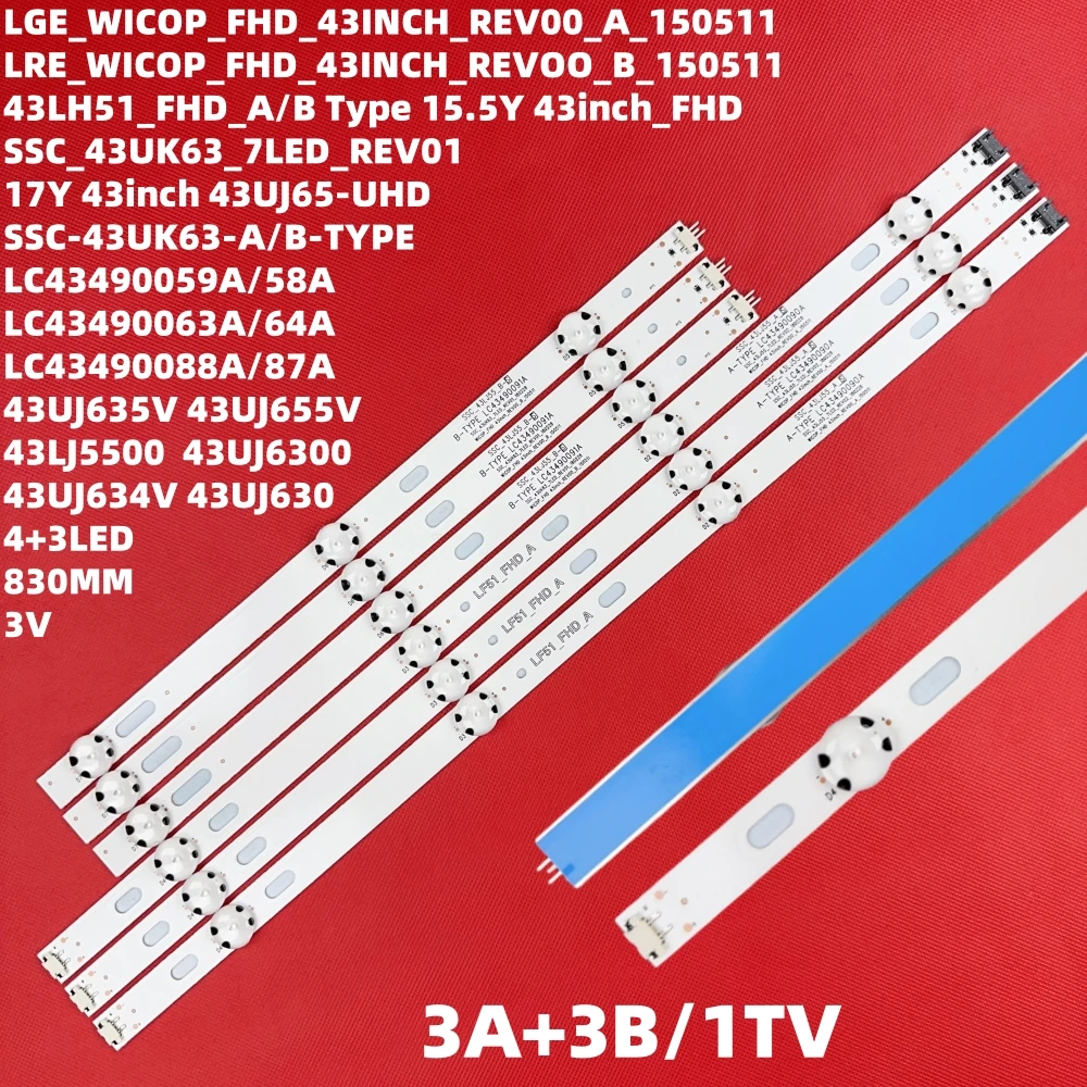 3 PCS LED Backlight strip for LC43490059A LC43490058A 43UJ635V 43UK6300PLB 43UJ651V 43UJ634V 43UJ630V 43UJ561V 43UJ655V
